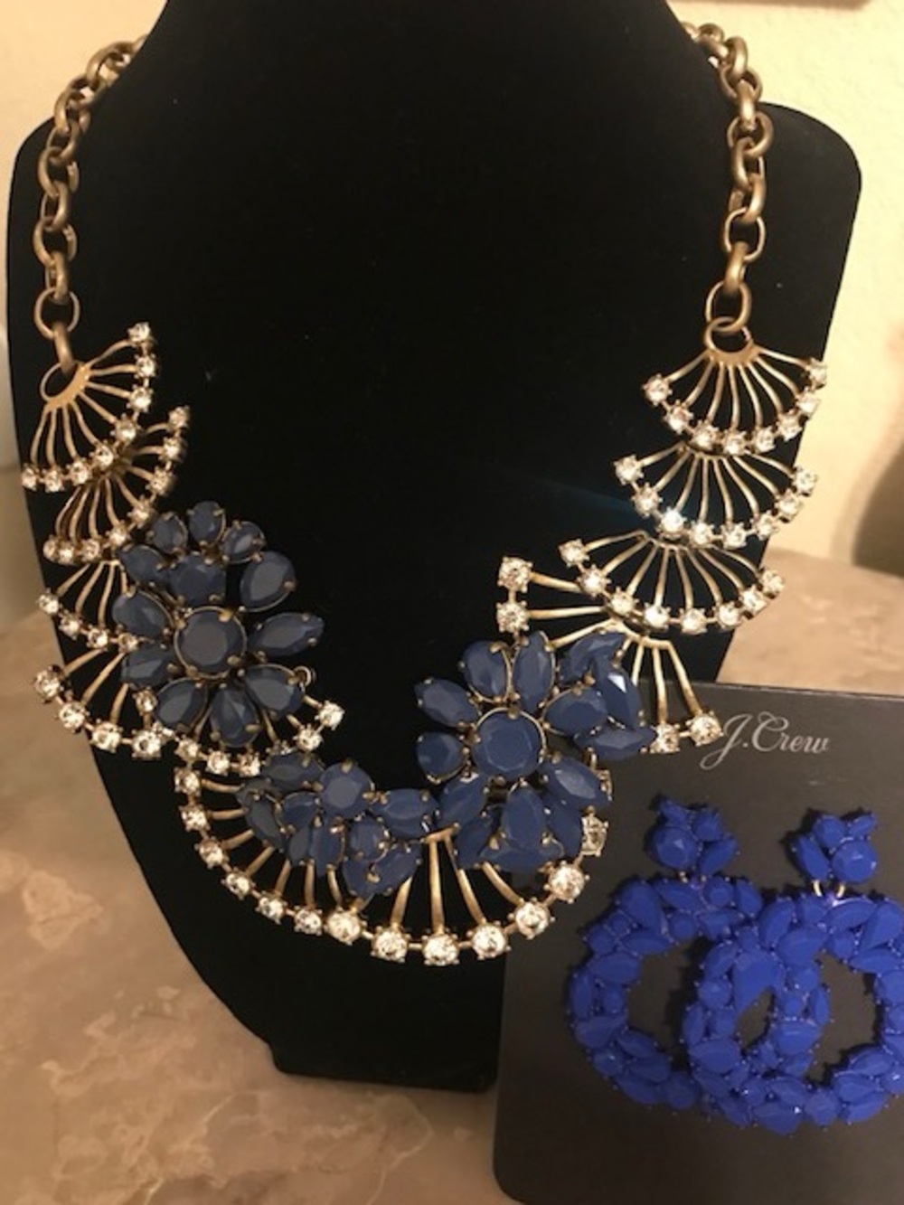 J. Crew Gold-Tone Necklace with Navy Blue Floral Crystals